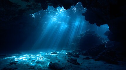 Stunning underwater cave scene with sunlight rays penetrating clear blue water and illuminating rocky formations below