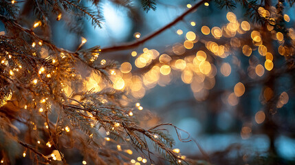 Warm golden fairy lights on winter evergreen branches with festive bokeh background