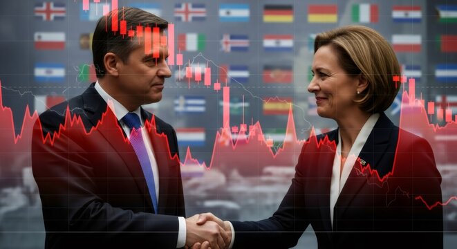 Man and woman shaking hands with recession stock chart overlay. Business leaders collaborate during economic downturn, global financial crisis. - Powered by Adobe