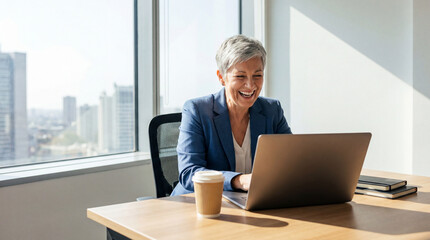 Happy mature business woman entrepreneur in office using laptop at work involving working, mature, job, employee, manager, executive, middle