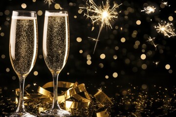 Champagne celebration with sparklers and festive bokeh lighting background