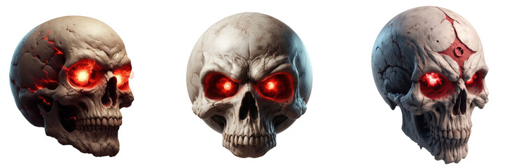 Obraz premium Three skulls with glowing red eyes arranged in a row on a black background