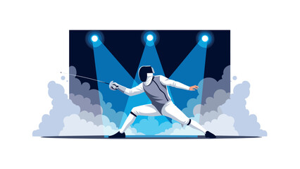 Dynamic fencing action with spotlight and smoke effects for sport poster design