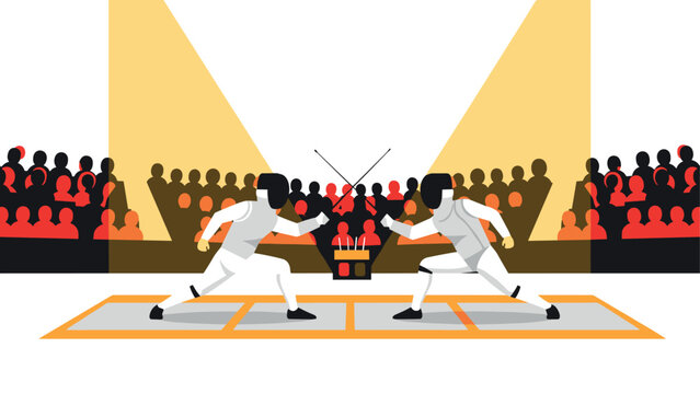 Competitive fencing match in arena with audience and bright spotlights - sport illustration for event poster or educational design