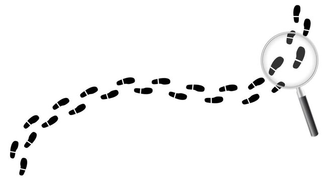 Inspecting shoeprint tracking animation with magnifying glass on white background and green screen. 4K animated tracking footsteps for searching, detective investigations, and overlay motion graphics.