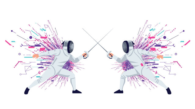 Dynamic fencing duel with abstract digital elements for sports and technology design