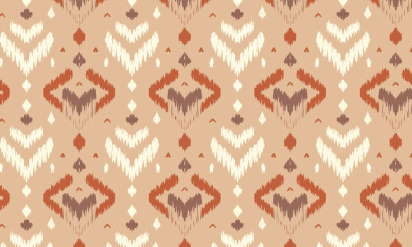 Seamless Ikat Pattern in Earthy Brown and Rust, Tribal Geometric Diamond Background with Boho Motif