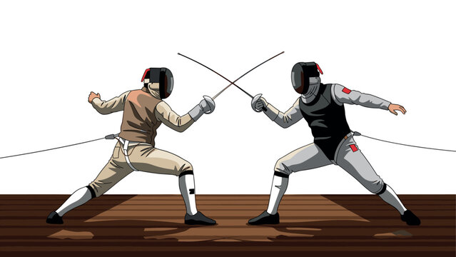 Fencing match illustration - two fencers in action on wooden floor - ideal for sport event design