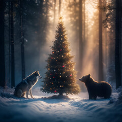Wolf and Bear Gazing at a Christmas Tree in Snowy Forest