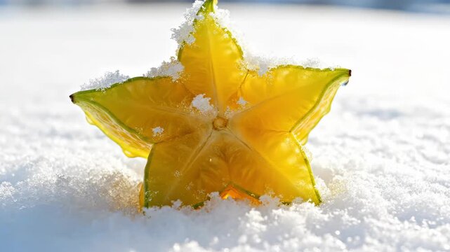 Exotic carambola fruit on snow. Fresh star fruit lies on cold white winter snow. Tropical food contrasting with chilly weather.
