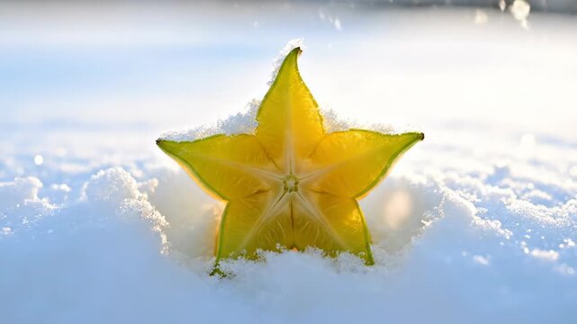 Yellow carambola fruit resting in fresh white snow. Winter fruit and unusual food concept for healthy eating promotion.