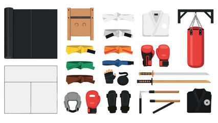 Martial arts equipment collection with uniforms, belts, and training gear for combat practice and design