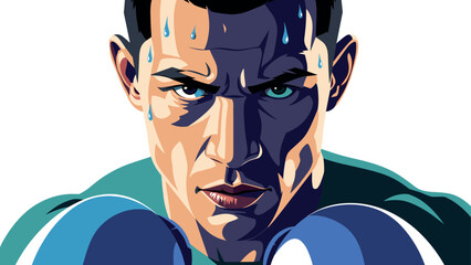 Intense boxing athlete illustration with focused expression and sweat for sports design