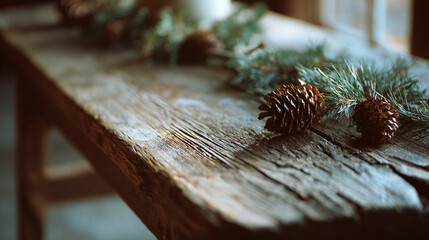 Rustic wooden table with pine cones and evergreen branch in soft winter sunlight