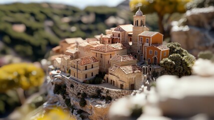 A detailed miniature model of a Mediterranean village perched on a rocky cliff, with terracotta roofs and stone buildings, set against a blurred green hillside