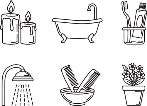 Set of black and white line icons representing various bathroom essentials and spa relaxation items on transparent background