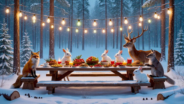 Animals are sitting together at a table on which there is fruit.