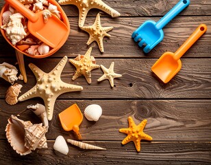 Seashells and beach toys on wooden planks
