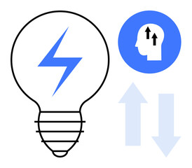 Energy concept. Energy ed through a lightbulb with a bolt for power, cognitive growth symbol with upward arrows. Energy and cognitive connections for technology, ideas, business, startups