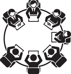 Top view representation of a business meeting with seven people seated around a large circular conference table