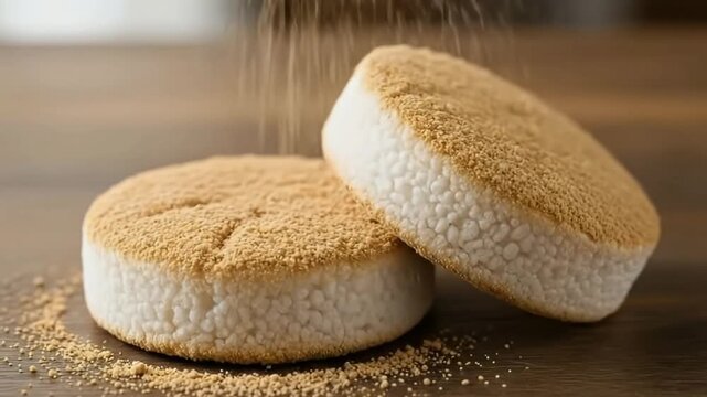 A mouth-watering close-up captures a golden, granular powder elegantly falling and settling onto two round, white textured food items. These delightful treats, resembling a type of sweet or savory del