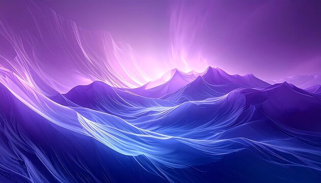 Abstract fractal waves in shades of purple and blue rise towards a light source in the distance, resembling mountains - Powered by Adobe