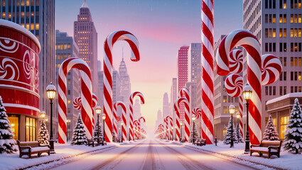 a city decorated in Christmas style with candy canes