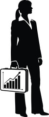 Silhouette of a confident businesswoman holding a briefcase with a rising bar graph, symbolizing success and financial growth