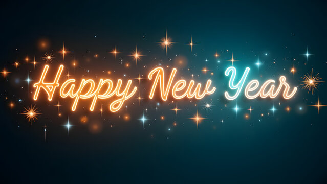 Glowing neon sign displays "Happy New Year" with shimmering star bursts against a dark background.