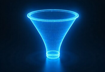 Futuristic polygonal funnel illustrating data flow, analysis, and conversion within digital marketing. Abstract geometric mesh visualizes modern tech strategy, network structure, processing.