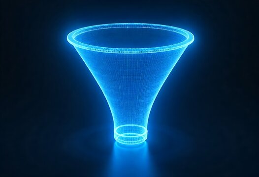 Futuristic polygonal funnel illustrating data flow, analysis, and conversion within digital marketing. Abstract geometric mesh visualizes modern tech strategy, network structure, processing. - Powered by Adobe