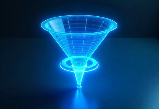 Futuristic polygonal funnel illustrating data flow, analysis, and conversion within digital marketing. Abstract geometric mesh visualizes modern tech strategy, network structure, processing.