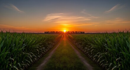 Sun sets over a cornfield with a dirt road leading into the horizon