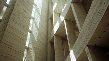Interior view of a modern building with textured concrete walls and intersecting geometric beams, illuminated by natural light streaming through tall windows, c