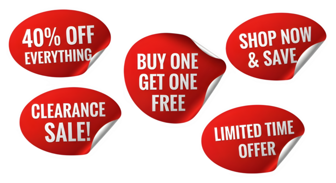 Red sale stickers with various offers isolated on transparent background