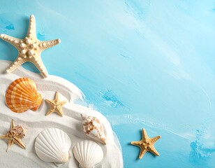 Seashells and starfish on a light blue surface