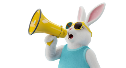 Rabbit with sunglasses shouting into a yellow megaphone isolated on transparent background