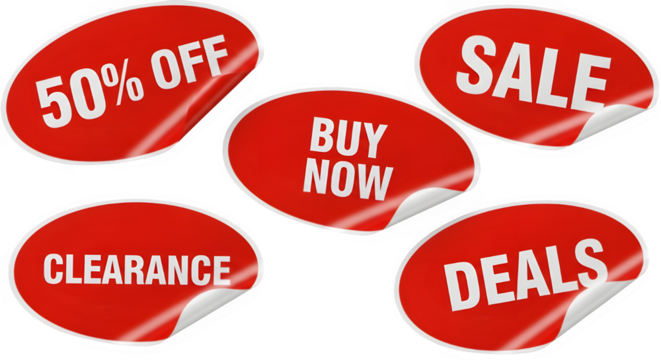 Red sale stickers with 50% off, buy now, and clearance isolated on transparent background