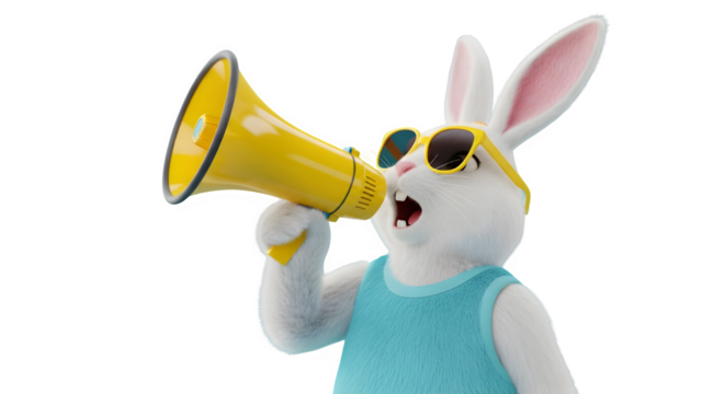 Rabbit with sunglasses shouting into a yellow megaphone isolated on transparent background