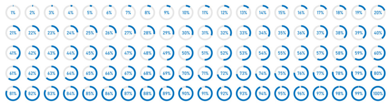 Set of 1% to 100% circular progress indicators in blue. Percentage loading icons. Progress bars. Pie charts indicator. Round graph loading progress set. Vector illustration.