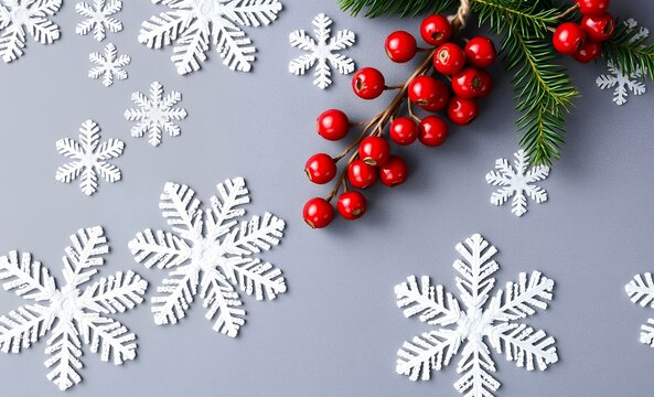 Christmas or winter composition snowflakes and red berries on gray background christmas winter new year concept flat lay top view copy space christmas background christmas holiday background winter de