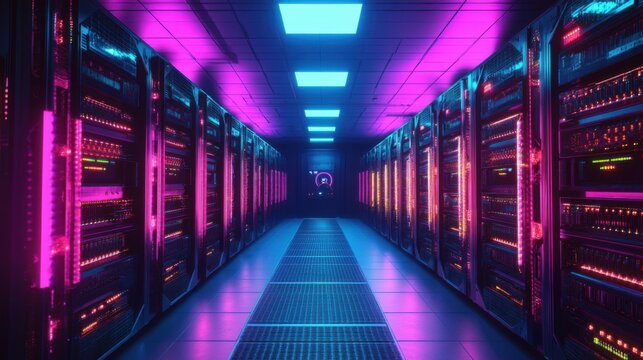 A futuristic server room glowing with neon lights in operation