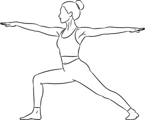 Line art illustration of a woman practicing yoga in a warrior ii pose, demonstrating strength and balance and promoting wellness