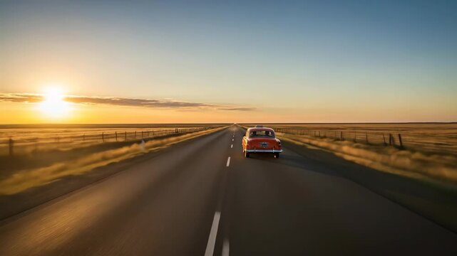 Vintage car cruises into serene sunset on open highway