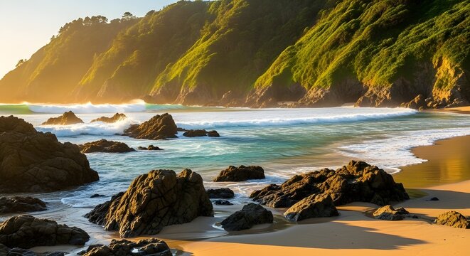 Idyllic beach with turquoise water and lush green hills