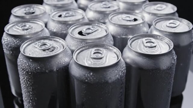 Close-up of chilled aluminum beverage cans with condensation, arranged for refreshment
