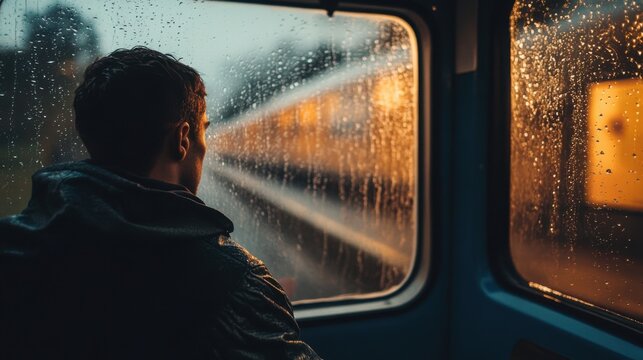 A man looking out a train window in the rain