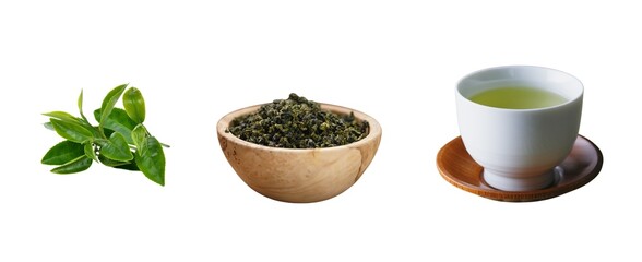 Loose Leaf Tea & Bowl - Premium Oolong Set - on White Background. Rustic wooden bowl with premium loose-leaf tea and fresh leaves - ideal for food packaging, labels, menus and tea brand visuals.