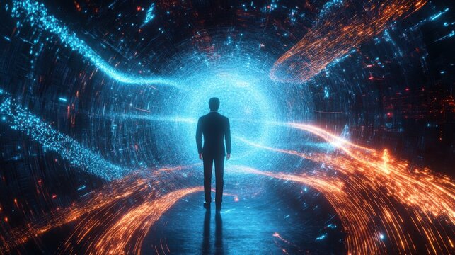 A scientist standing inside a quantum computing chamber