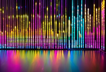 Striking vertical light bars in vibrant neon colors creating a dazzling reflective stage. 
